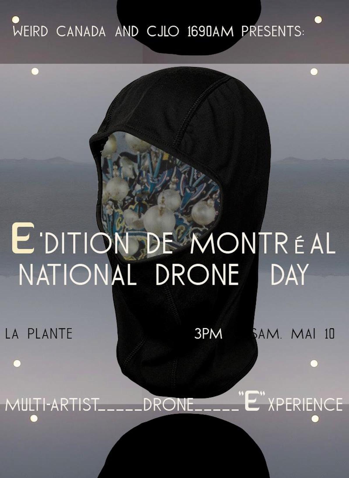 Ski mask art with the text 'E'DITION DE MONTREAL, MULTI-ARTIST DRONE 'E'XPERIENCE'