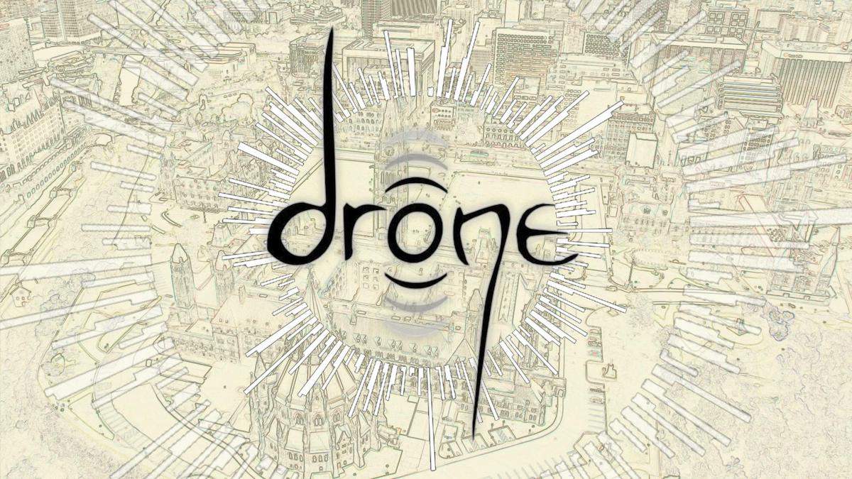Sketch of a city with the text 'dr(((o)))ne' in the center