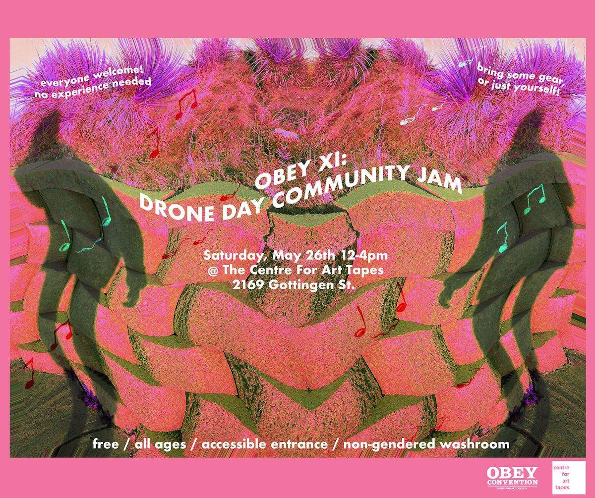 Pink and purple psychedelic art with two black figures with the text 'OBEY XI: DRONE DAY COMMUNITY JAM'