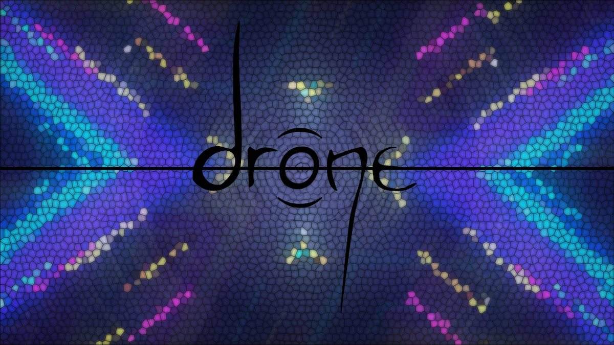 Iridescent blue, gold, and purple X shaped background with the drone logo