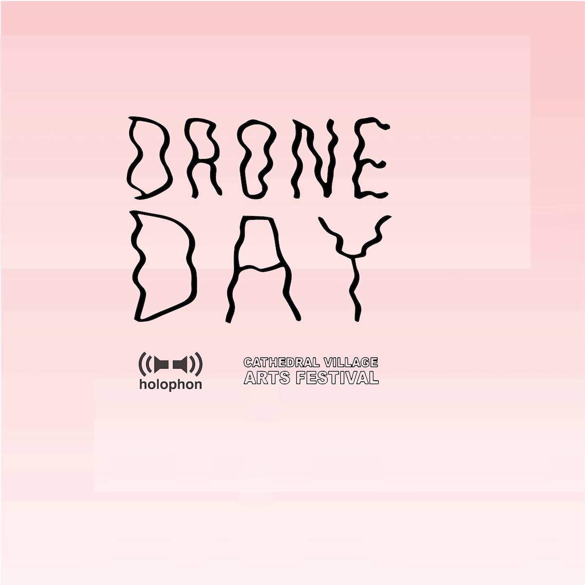 Inverted volume symbols with the text 'holophon' underneath and squiggly text 'DRONE DAY'